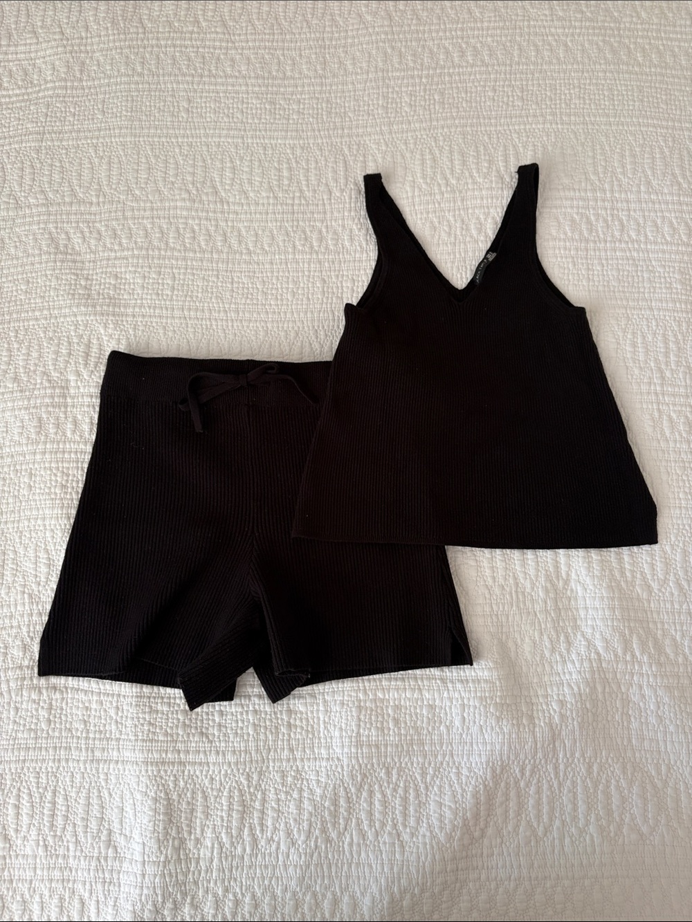 Black Ribbed V-Neck Knit Tank and Shorts Set - Women Sweaters